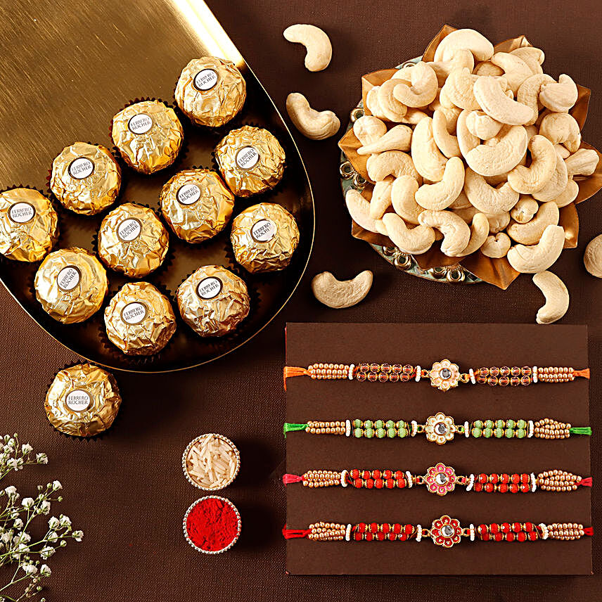 Sneh Meenakari Rakhis With Cashews & Chocolate Box:Rakhi with Chocolates to Qatar