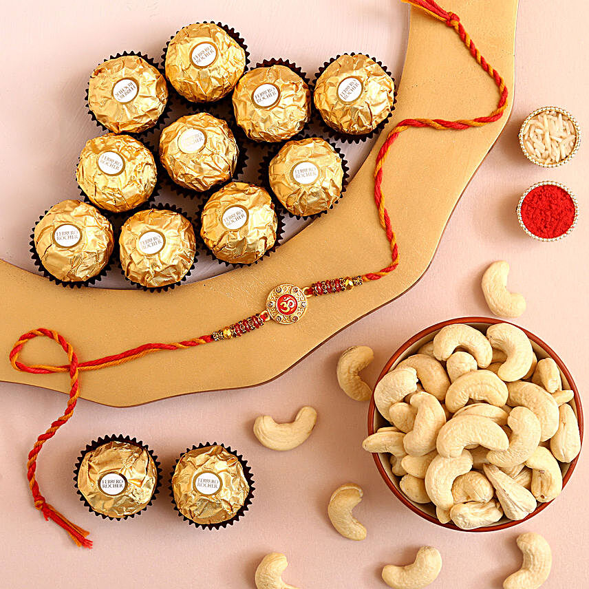 Sneh Om Rakhi With Cashews & Ferrero Rocher:Rakhi and Chocolates to Qatar