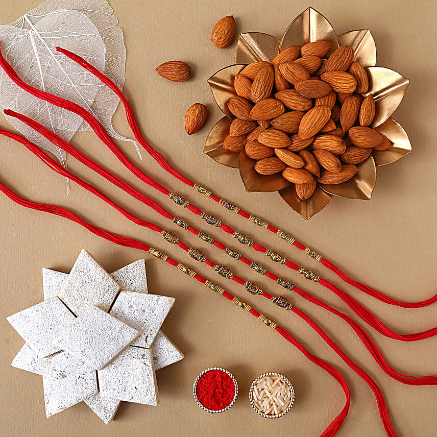 Sneh Red Rakhis With Kaju Katli & Almonds