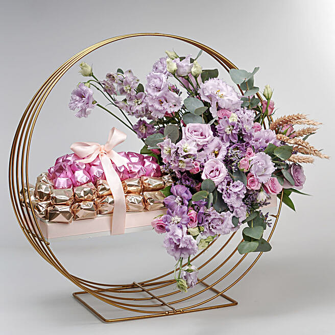 Mixed Flowers & Premium Chocolates Golden Stand qatar Gift Mixed