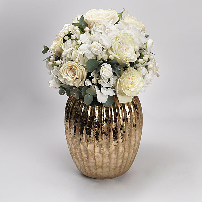 Mixed White Flowers Golden Vase:Premium Flowers to Qatar