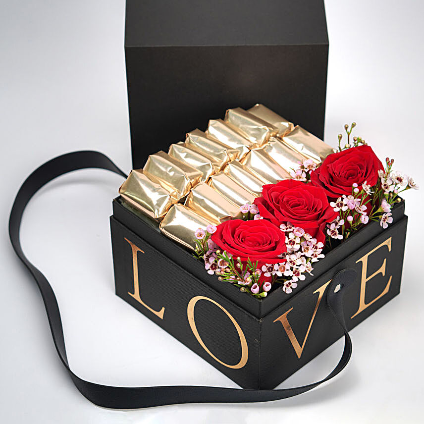 Ravishing Red Roses & Chocolates Black Love Box:flowers n chocolates