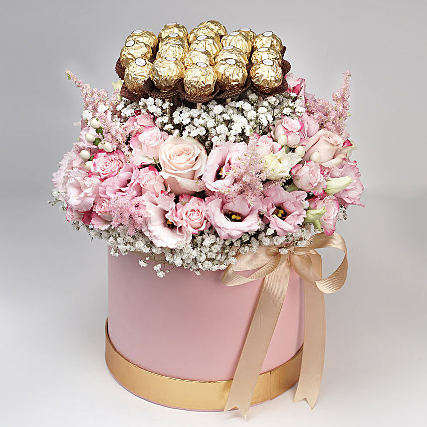 Luxurious Mixed Flowers & Ferrero Rocher Pink Box:Send Chocolates to Qatar