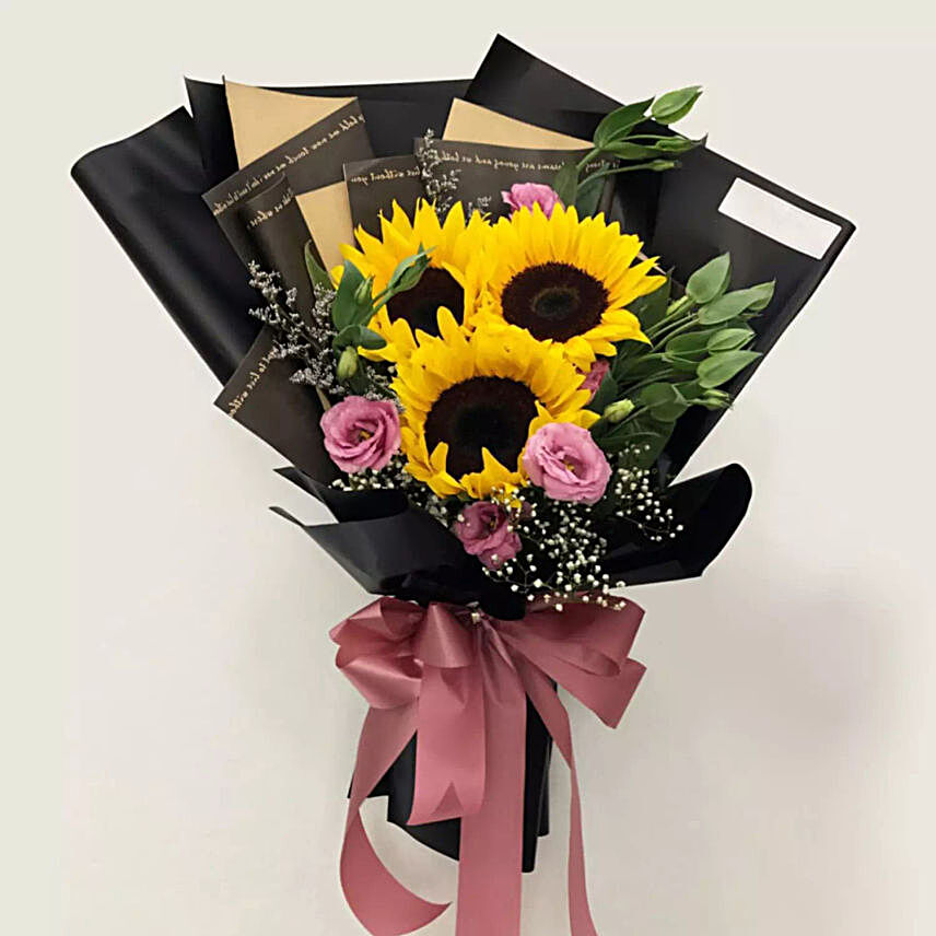 Sunflower N Lisianthus Beautifully Wrapped Bouquet:Teachers Day Gifts In Qatar