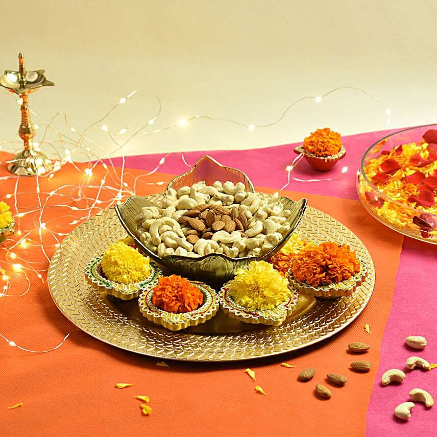 Dry Fruits And Diyas In A Platter:Diwali Gifts to Qatar
