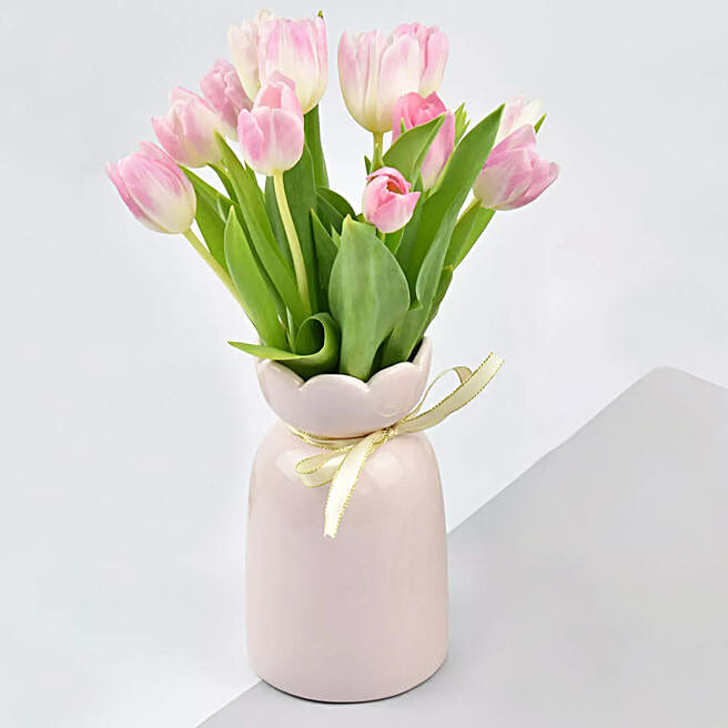 Pink Tulips Vase Arrangement qatar | Gift Pink Tulips Vase Arrangement- FNP