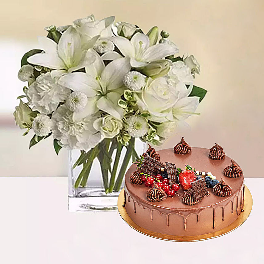Serene White Flower Vase & Fudge Cake:Flower and Cake Delivery in Qatar