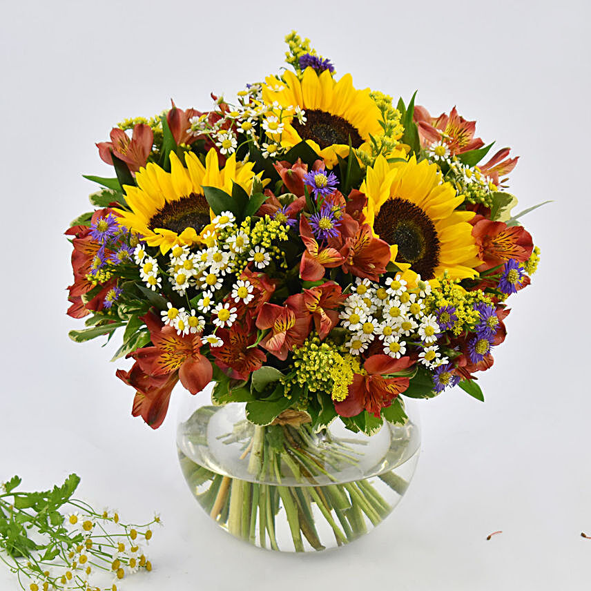 Sunflower and Peruvian Lilies arrangement:Get Well Soon Gifts to Qatar