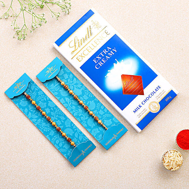2 Pearl Studded Rakhis N Lindt Chocolate qatar Gift 2 Pearl Studded