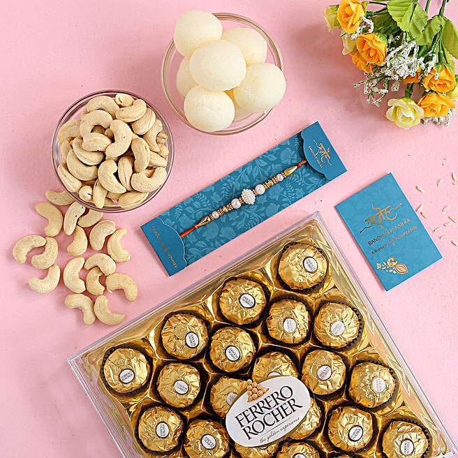 White Pearl Rakhi Sweet Treat Hamper qatar Gift White Pearl Rakhi