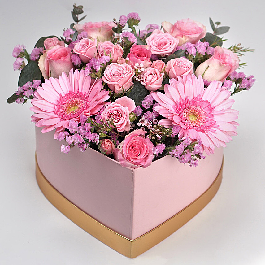 Blissful Mixed Flowers Pink Heart Shaped Box