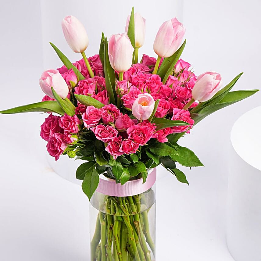 Elegant Pink Tulip & Baby Rose In Vase