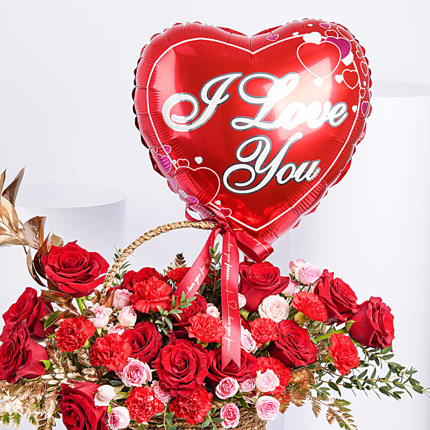 Basket Full of Beautiful Flowers With I Love You Balloon