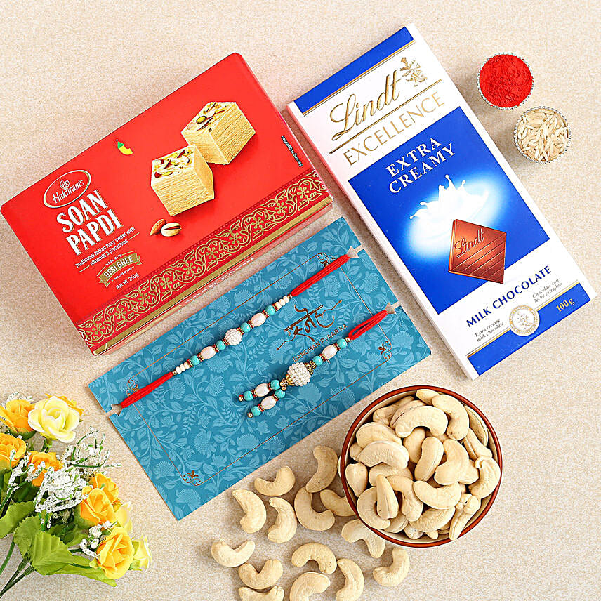Blue Lumba Rakhi Set And Soan Papdi Hamper Exp