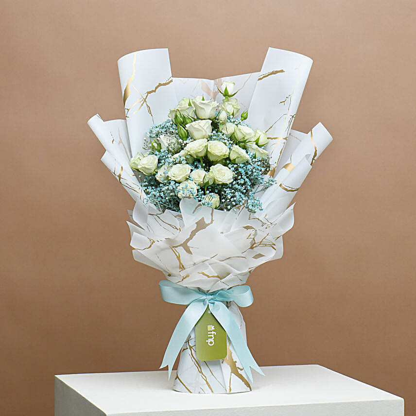 Elegance White Roses Bouquet with Cake
