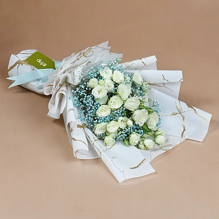 Elegance White Roses Bouquet with Cake