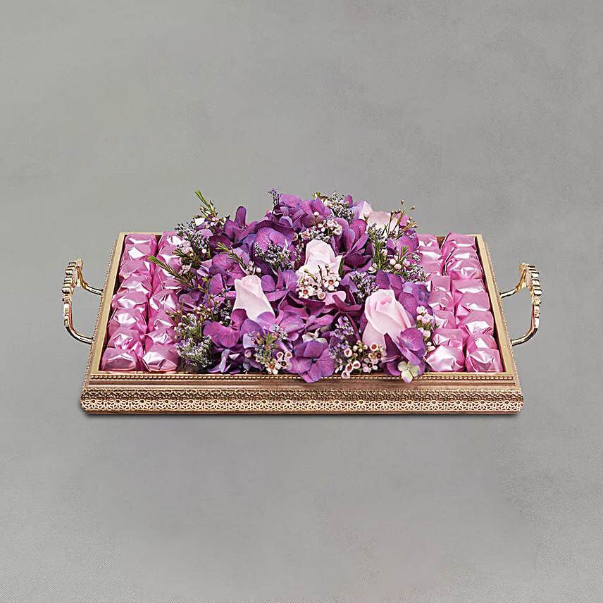 Graceful Mixed Flowers & Chocolates Golden Tray