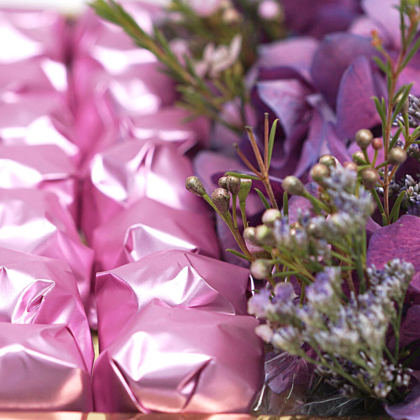 Graceful Mixed Flowers & Chocolates Golden Tray