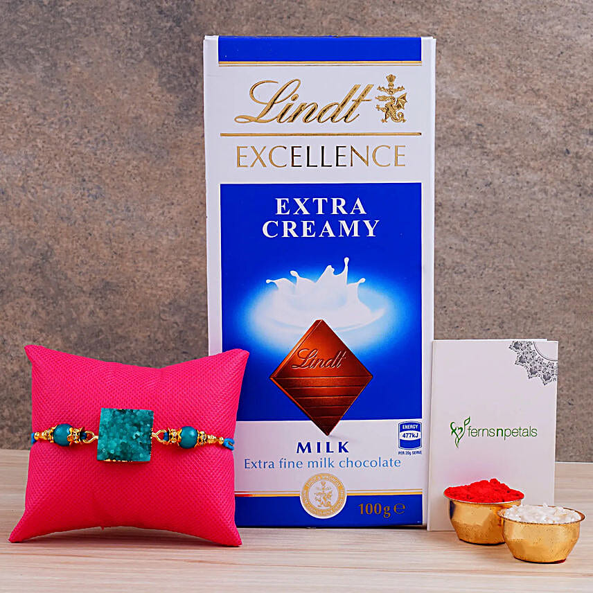 Green Agate Stone Rakhi And Lindt Chocolate