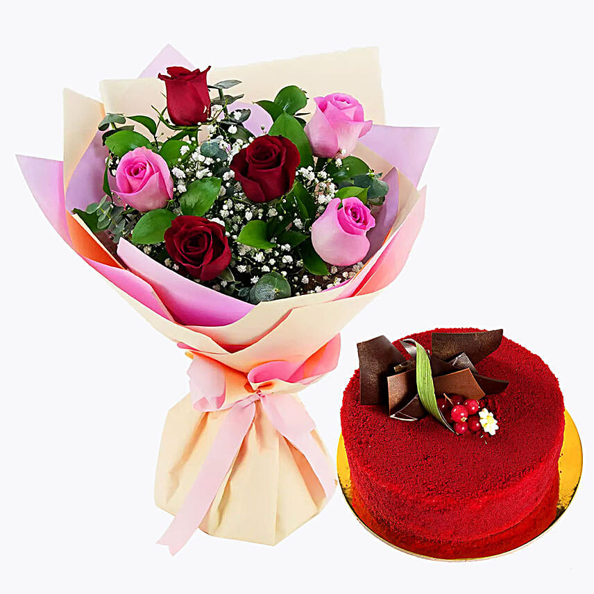 Pink and Red Roses with Red Velvet Cake