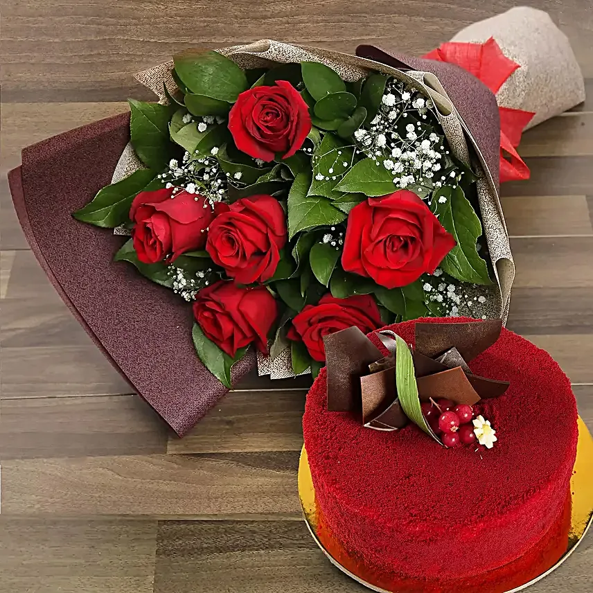 Red Roses with Red Velvet Cake