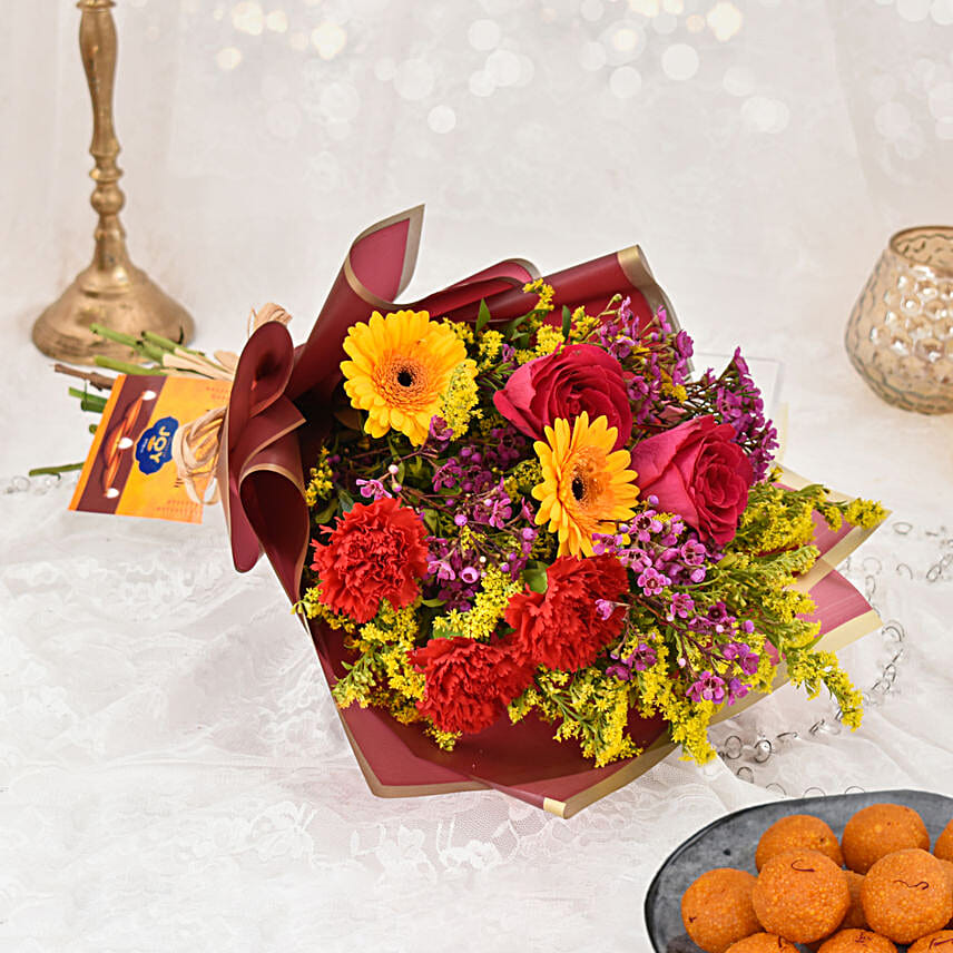 Sparks of Joy Diwali Flower Bouquet and Motichoor Laddoo