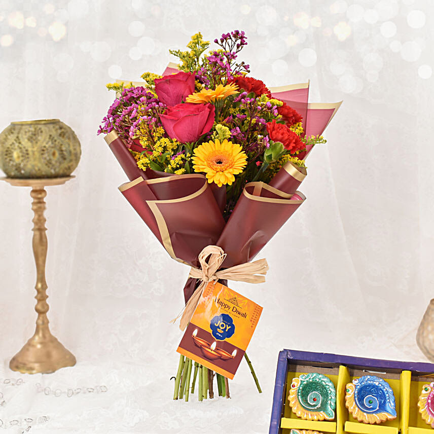 Sparks of Joy Diwali Flower Bouquet With Diyas
