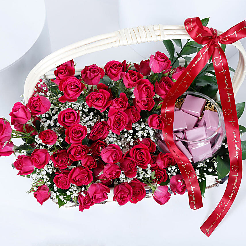 Spray Roses & Chocolates Basket Arrangement