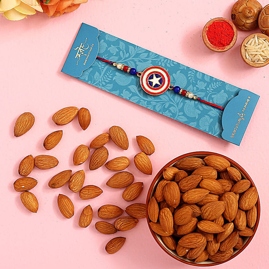 Superhero Captain America Rakhi For Kids With 100 Gms Almonds Exp