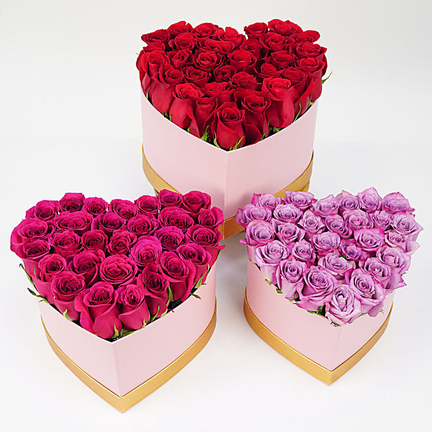 Trio Of Roses Charm In Heart Shape Boxes