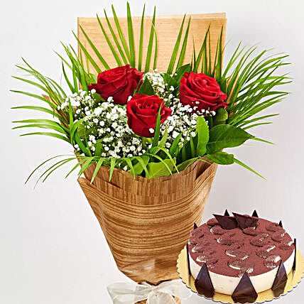 Beautiful Red Roses & Tiramisu Cake:Flower and Cake Delivery in Qatar