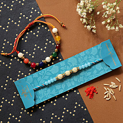 Sea Blue Rakhi & Navrattan Bracelet Rakhi Combo