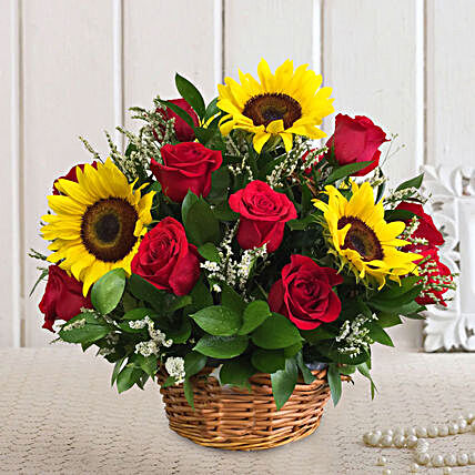 Premium Mixed Flowers Cane Basket