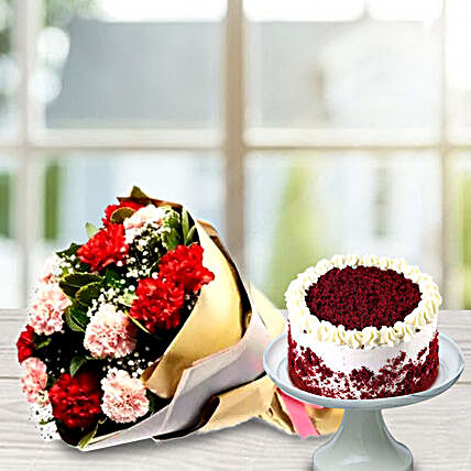Carnation Bouquet & Red Velvet Cake