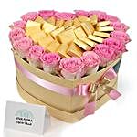 Pink Roses Golden Box Arrangement And Chocolates