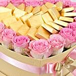 Pink Roses Golden Box Arrangement And Chocolates