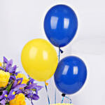 Iris Flowers with Birthday Cake with Balloons