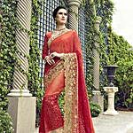 Peach Georgette Net Traditional Embroidered Partywear Saree