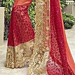 Peach Georgette Net Traditional Embroidered Partywear Saree