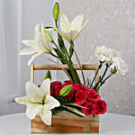 White N Pink Flowers Wooden Arrangement
