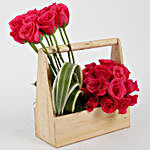 Dark Pink Roses Wooden Basket Arrangement