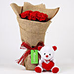 10 Red Carnations Bouquet & Teddy Bear Combo