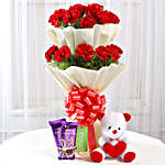 Red Carnations with Dairy Milk Silk & Teddy Bear