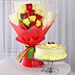Red & Yellow Roses with Butterscotch Cake