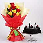 Red & Yellow Roses with Truffle Cake