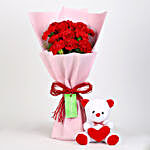Teddy Bear & 12 Red Carnations Bouquet Combo