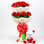 Teddy Bear & Two Layer Red Carnations Bouquet