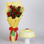 6 Red Roses Bouquet & Butterscotch Cake