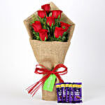 8 Red Roses Bouquet & Dairy Milk Chocolates