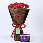12 Red Carnations Bouquet & Dairy Milk Combo